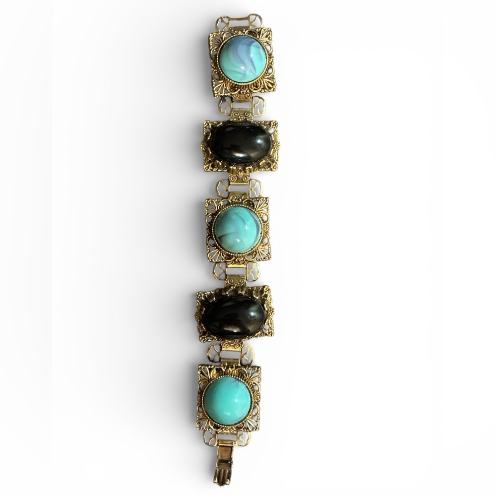 Estate Book Chain Faux Turquoise & Onyx Bracelet